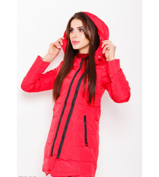 Красная стеганая демисезонная длинная куртка на молнии с капюшоном