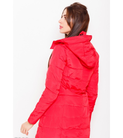 Красная стеганая демисезонная длинная куртка на молнии с капюшоном