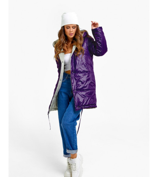 Фиолетово-бежевая двусторонняя куртка с капюшоном