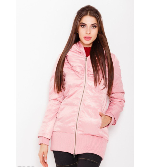 Рожева демісезонна стьобана куртка на блискавці з оригінальним коміром та манжетами