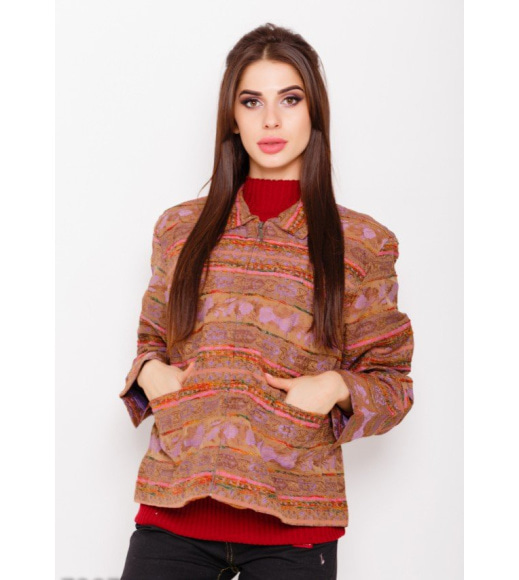 Цветная укороченная куртка-жакет на молнии с полосатой объемной вышивкой
