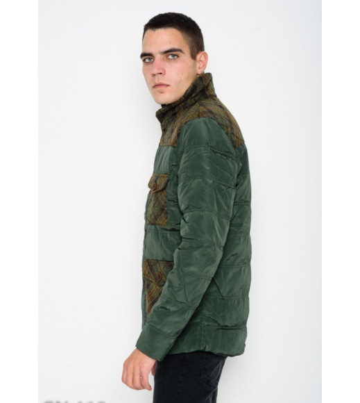 Зеленая демисезонная куртка с вставками из клетчатой шерсти