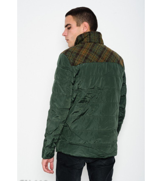 Зеленая демисезонная куртка с вставками из клетчатой шерсти