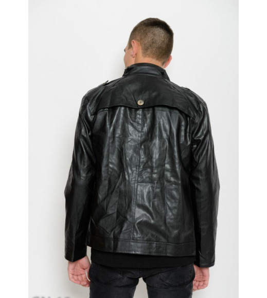 Чорна демісезонна куртка з еко-шкіри на блискавці з декоративними вставками