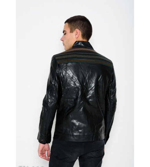 Чорна шкіряна куртка на блискавці з принтованими вставками