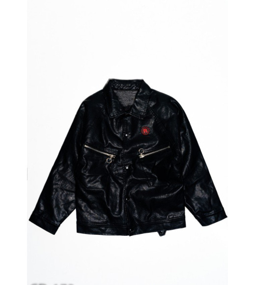 Чорна куртка з еко-шкіри на кнопках декорована вишивкою на спинці