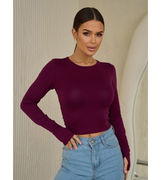 Бордовый укороченный лонгслив с вырезами для пальцев