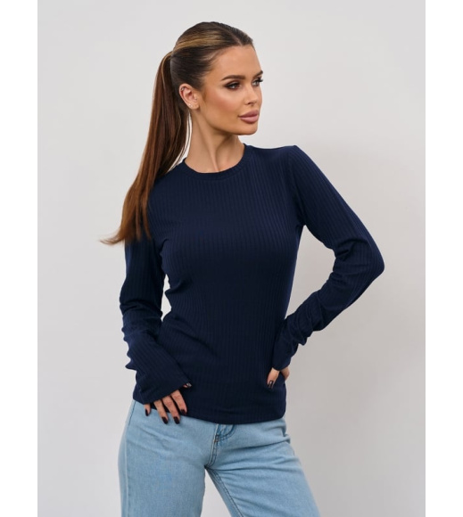 Темно-синій однотонний лонгслів у рубчик