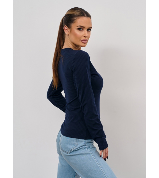 Темно-синій однотонний лонгслів у рубчик