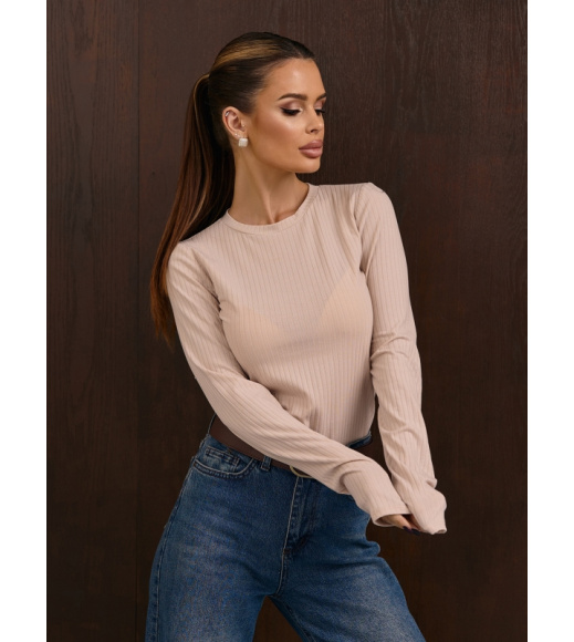 Бежевый однотонный лонгслив в рубчик