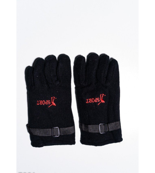 Чорні теплі флісові рукавички з затяжками на манжетах і принтом