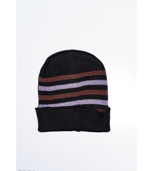 Чорно-коричнева тепла шапка на флісі з вишивкою на подвороте