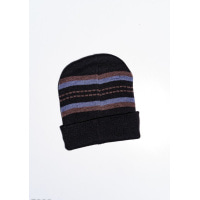 Коричнево-голубая полосатая шапка из шерсти на флисе с подворотом и лейбой