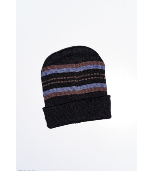 Коричнево-голубая полосатая шапка из шерсти на флисе с подворотом и лейбой