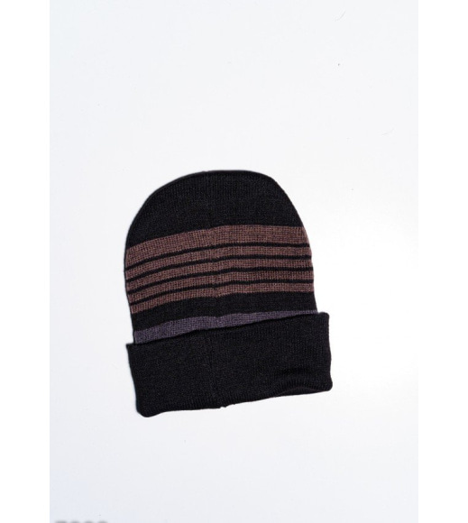 Черно-коричневая шерстяная полосатая шапка на флисе с подворотом и лейбой