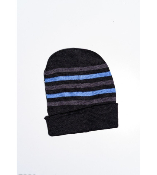 Черно-голубая теплая шапка на флисе с вышивкой на подвороте