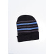 Черно-голубая теплая шапка на флисе с вышивкой на подвороте