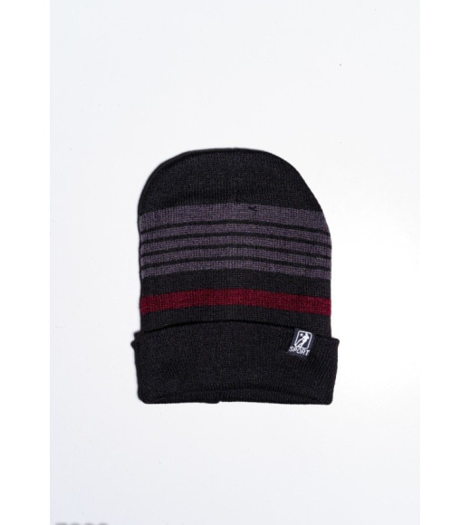 Черно-серая шерстяная полосатая шапка на флисе с подворотом и лейбой