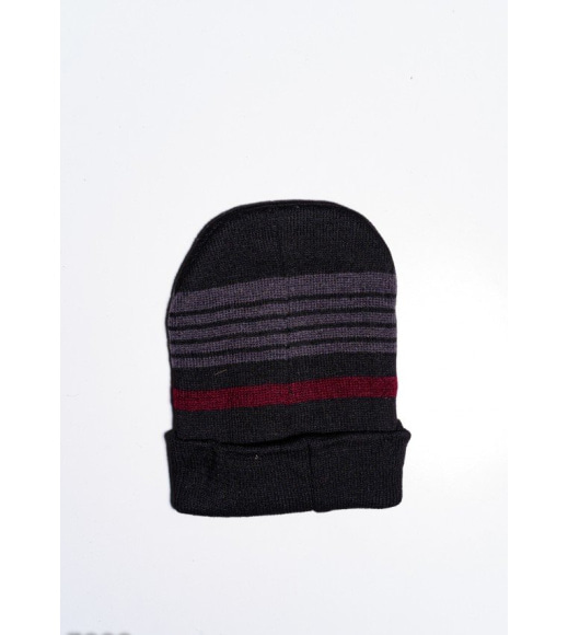 Черно-серая шерстяная полосатая шапка на флисе с подворотом и лейбой