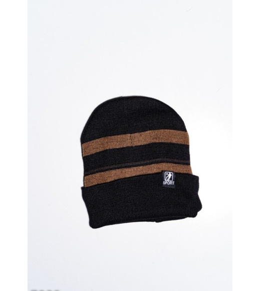 Серо-коричневая теплая шапка из шерсти на флисе с подворотом
