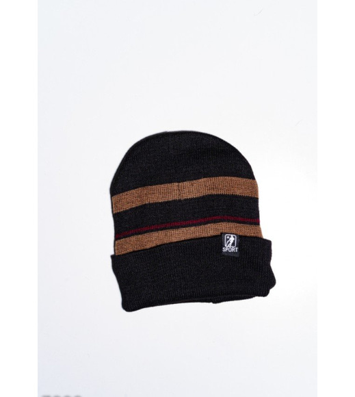 Коричнево-бордовая теплая шапка из шерсти на флисе с подворотом