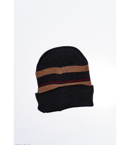 Коричнево-бордовая теплая шапка из шерсти на флисе с подворотом