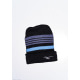 Черно-голубая шапка на флисе с полосками и вышивкой на подвороте