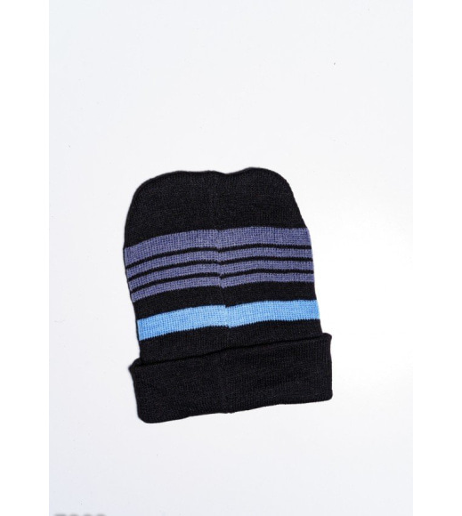 Чорно-блакитна шапка на флісі з смужками і вишивкою на подвороте