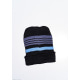 Чорно-блакитна шапка на флісі з смужками і вишивкою на подвороте