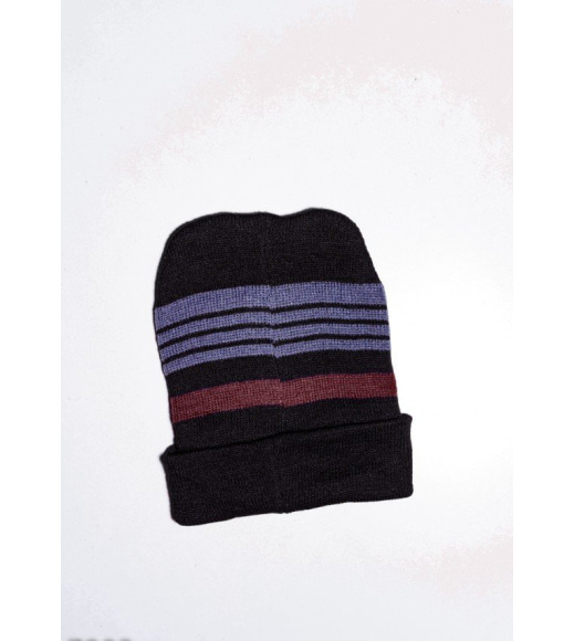 Черно-бордовая шапка на флисе с полосками и вышивкой на подвороте