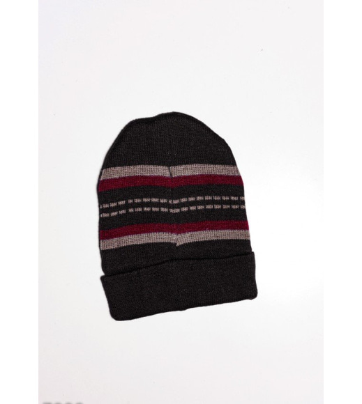 Коричнево-бордовая полосатая шапка из шерсти на флисе с подворотом и лейбой