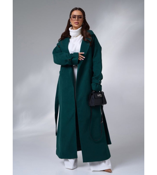 Темно-зеленое удлиненное пальто с боковыми разрезами