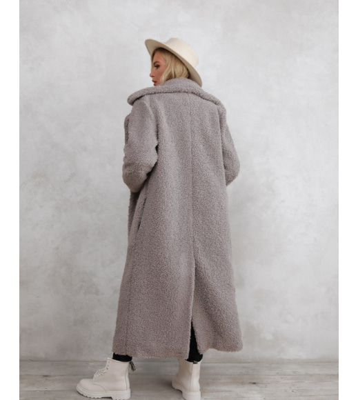 Серое удлиненное фактурное шерстяное пальто