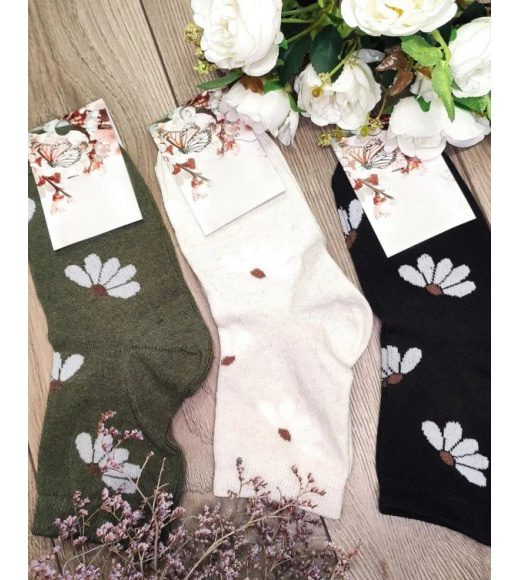 Трикотажні шкарпетки кольору хакі з квітковим декором