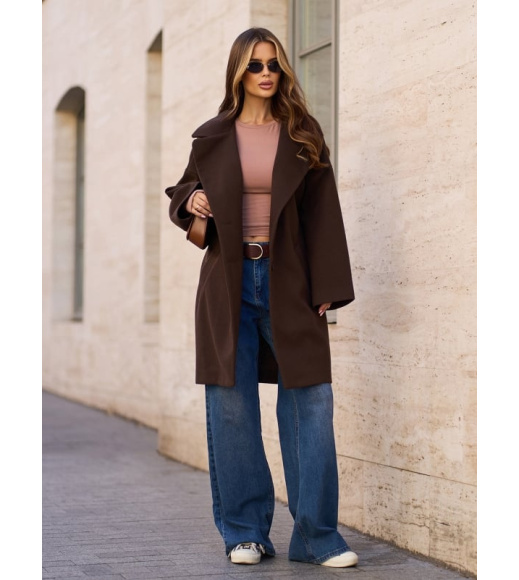 Кашемировое пальто-кокон темно-коричневого цвета