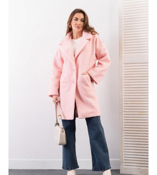 Пальто-кокон із однотонного рожевого букле