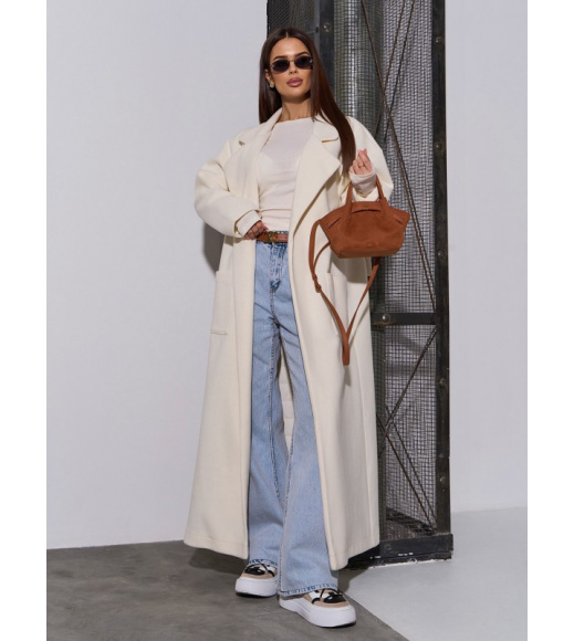 Молочное кашемировое пальто-кардиган с задней вставкой