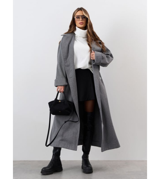 Серое пальто-кокон из кашемира в елочку