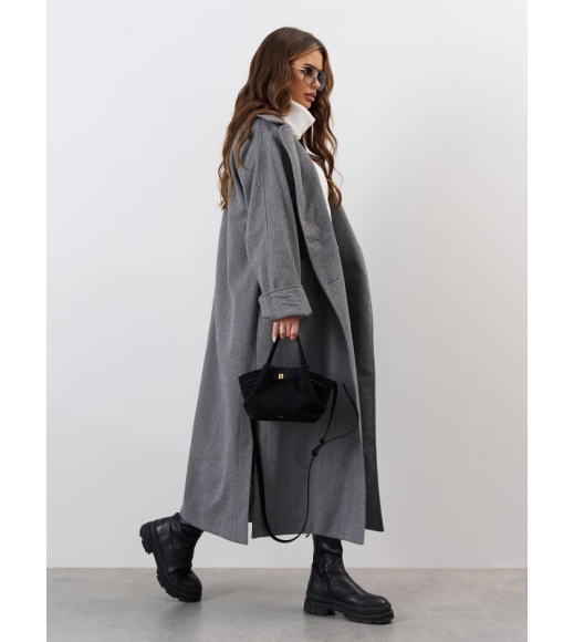 Серое пальто-кокон из кашемира в елочку