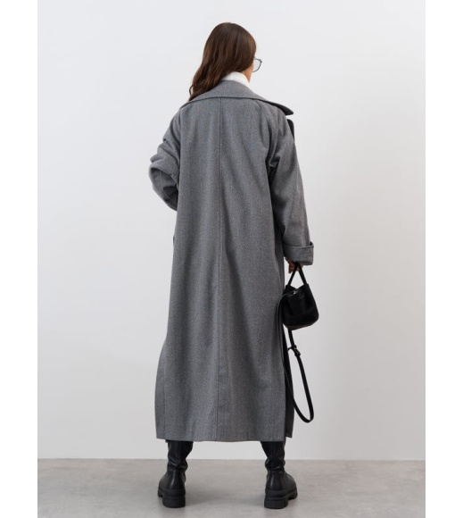 Серое пальто-кокон из кашемира в елочку