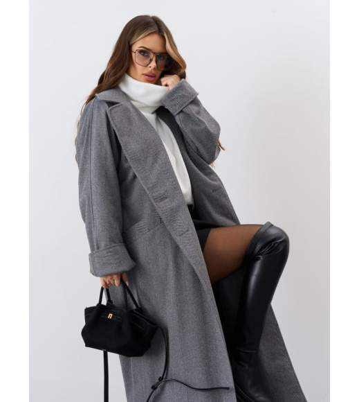 Серое пальто-кокон из кашемира в елочку