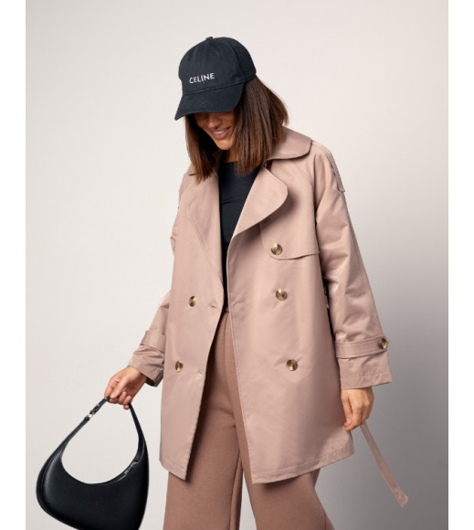 Коричневый двубортный тренч с вставкой