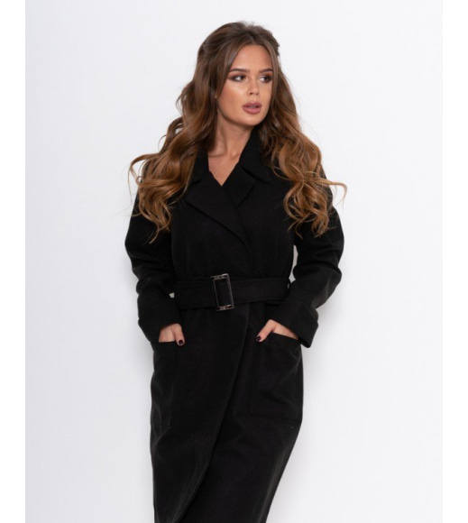 Черное кашемировое однобортное пальто с карманами
