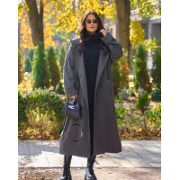 Серое шерстяное пальто с разрезами