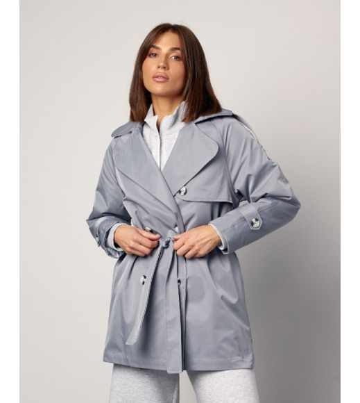 Серый двубортный тренч с вставкой