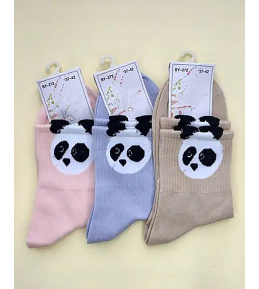Бежеві трикотажні шкарпетки з пандами на манжетах