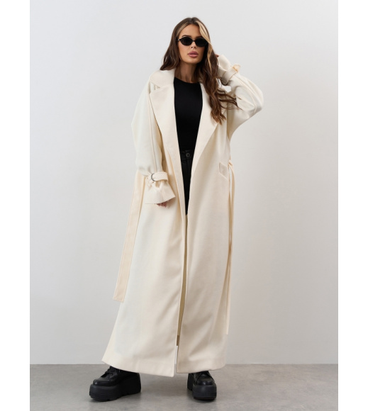 Молочное длинное кашемировое пальто с разрезами