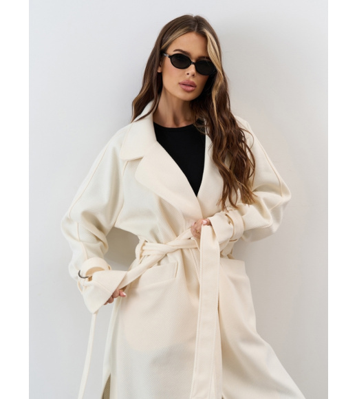 Молочное длинное кашемировое пальто с разрезами