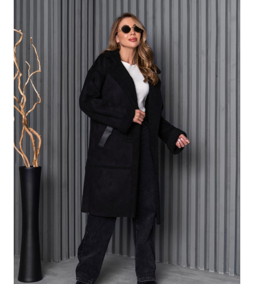 Черная дубленка на меху с длиной ниже колен