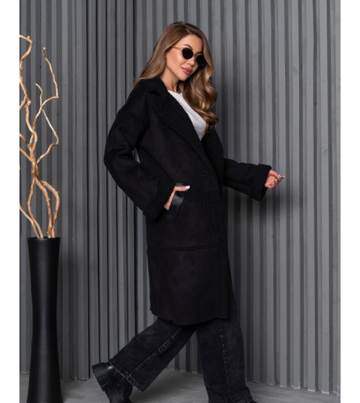 Черная дубленка на меху с длиной ниже колен